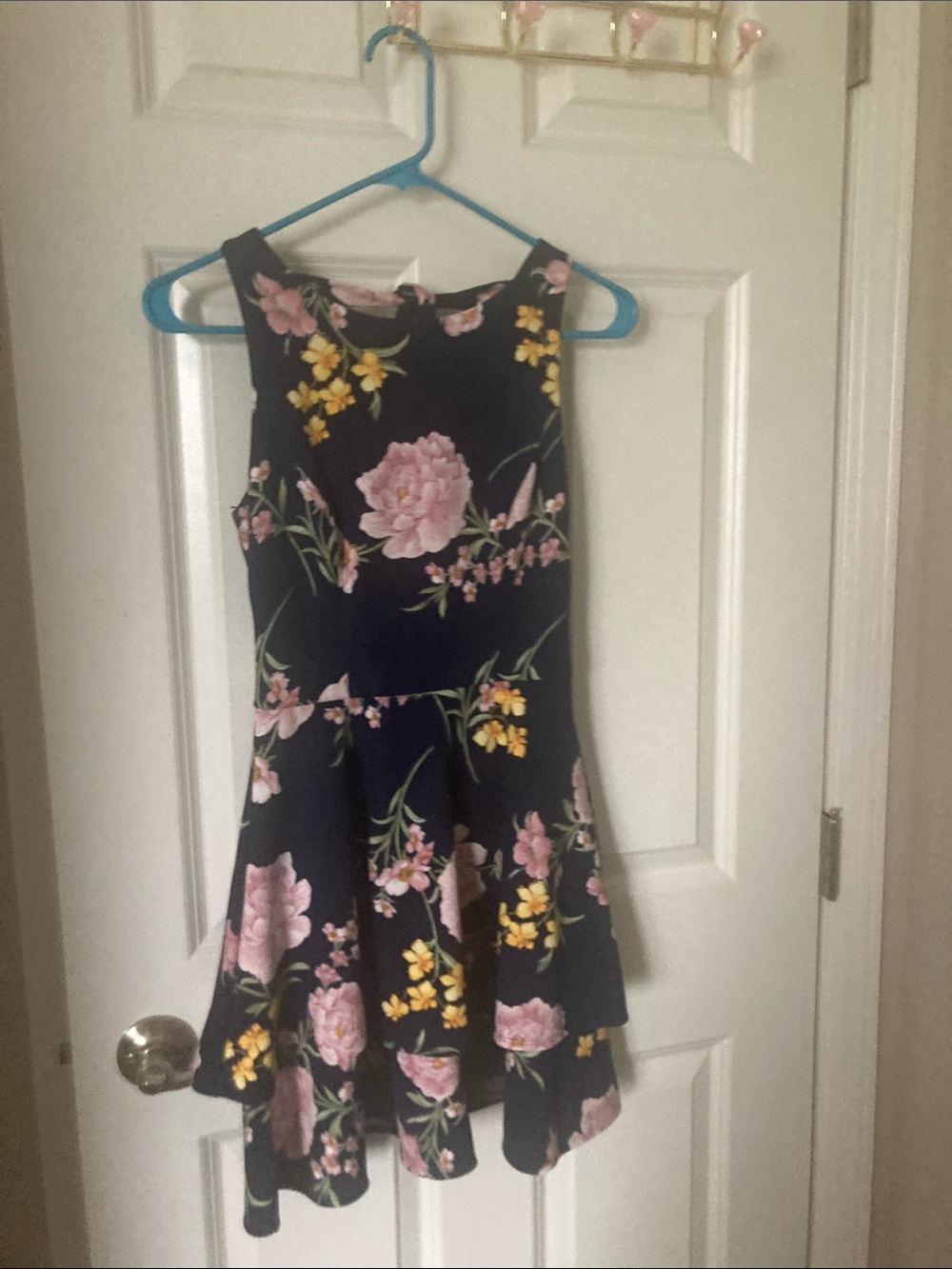 B Darlin Black Floral Fit-and-Flare Dress with Pink & Yellow Blooms